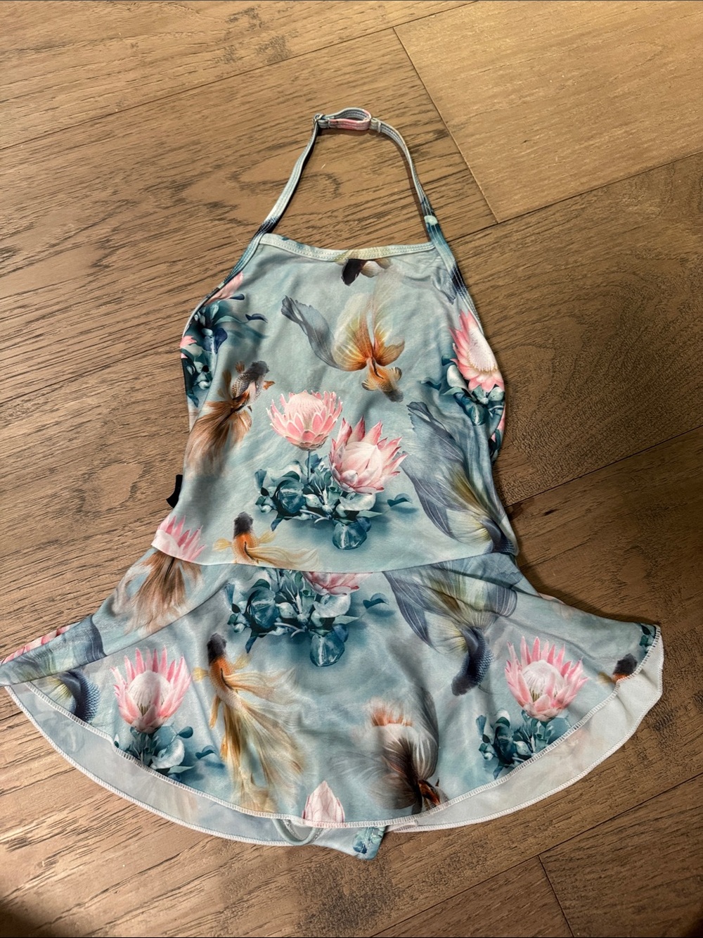 Molo Light Blue Halter Floral Swim Dress with Pink Blooms